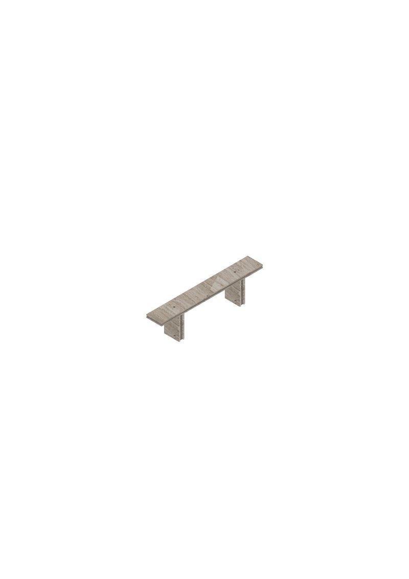 Isometric drawing of a slatted timber bench on two perpendicular leg supports