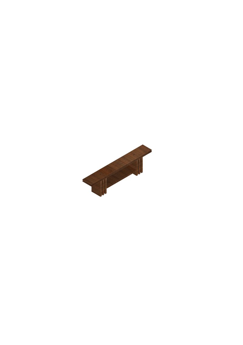 Isometric drawing of a timber bench with horizontal slat top and solid end supports