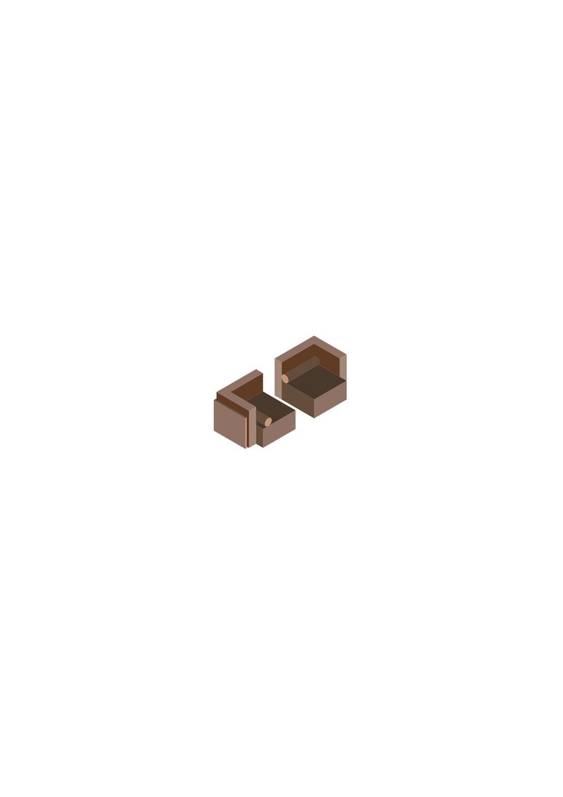 Isometric drawing of two interlocking cubic volumes with recessed openings
