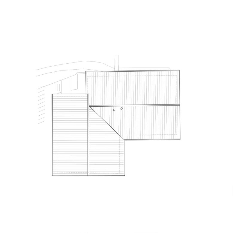 Roof plan drawing showing two interlocking volumes with vertical metal seam cladding