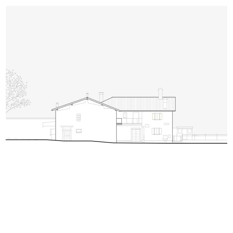 Elevation drawing revealing the pitched roof volume with upper balcony and fenestration pattern across facade