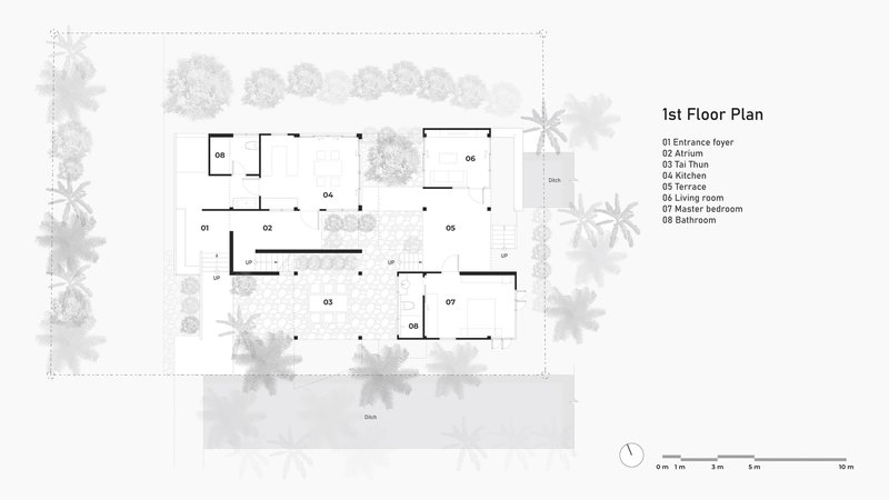 First floor plan drawing showing rooms arranged around open courtyards with surrounding trees