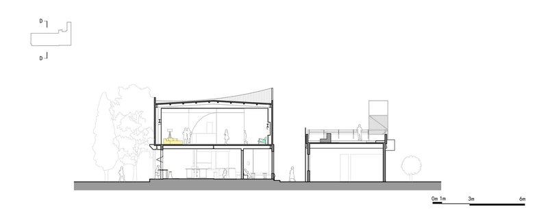 Section drawing showing two-story interior spaces with curved roof and separated lower volume