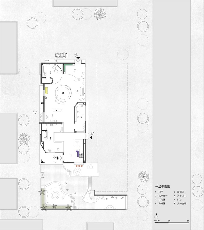 Ground floor plan drawing showing numbered rooms and landscaped courtyard with trees