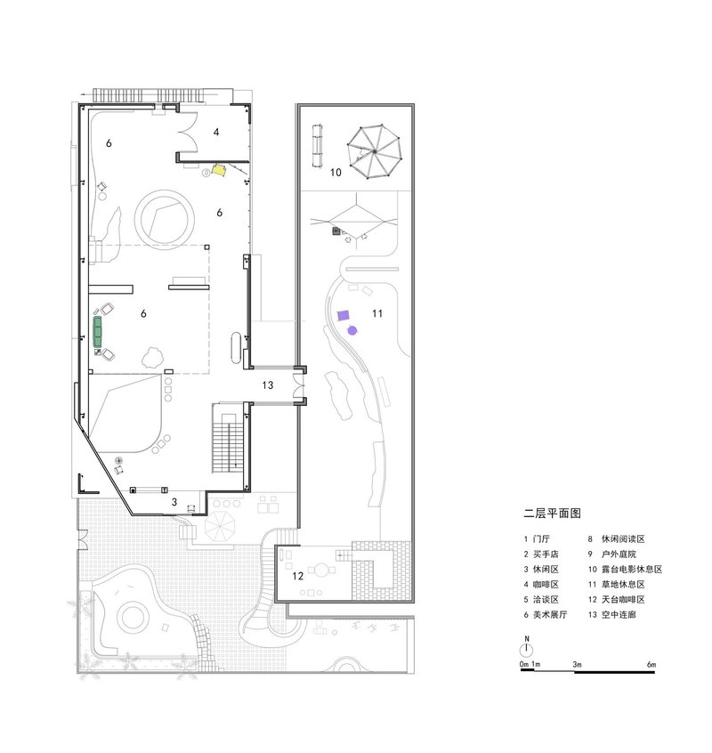 Second floor plan drawing showing interior spaces and an adjacent courtyard area