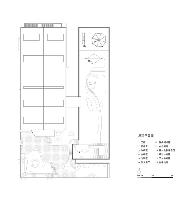 Roof plan drawing showing rectangular building with adjacent courtyard and octagonal pavilion