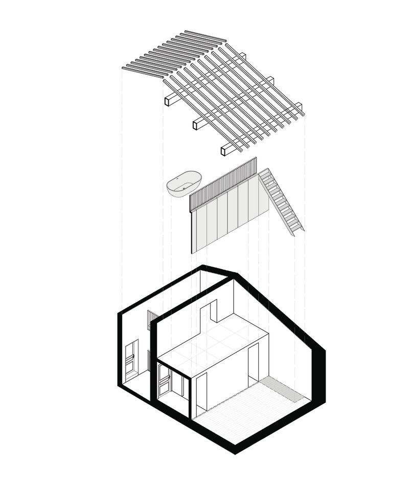 Exploded axonometric drawing showing roof structure, wall assembly, and interior volume with staircase