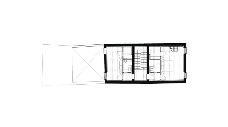 Floor plan drawing showing upper level with central staircase and bathroom flanked by two rooms