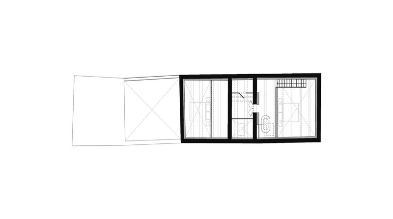 Floor plan drawing showing bathroom with freestanding tub and adjacent shower with vertical slats