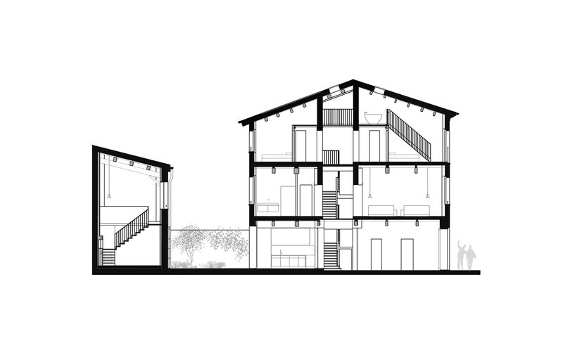 Section drawing showing three-story residence with pitched roof and human figures for scale