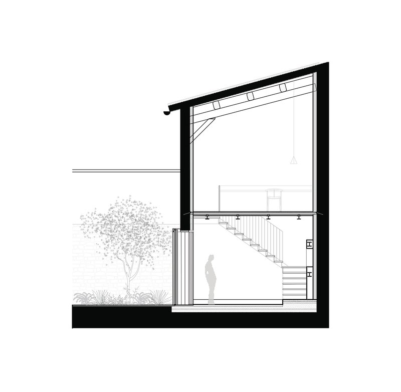 Section drawing showing double-height space with staircase, pendant light, and tree in courtyard
