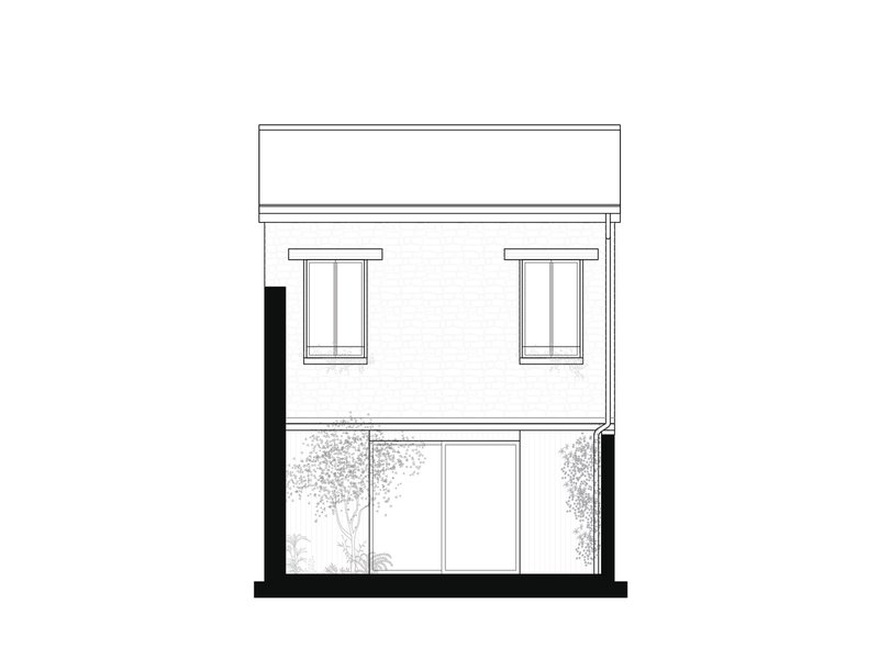 Elevation drawing showing two-story facade with paired windows above glazed entry and flanking planting