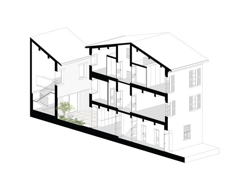 Axonometric section drawing revealing the multi-level interior spaces with a small tree on the lower floor
