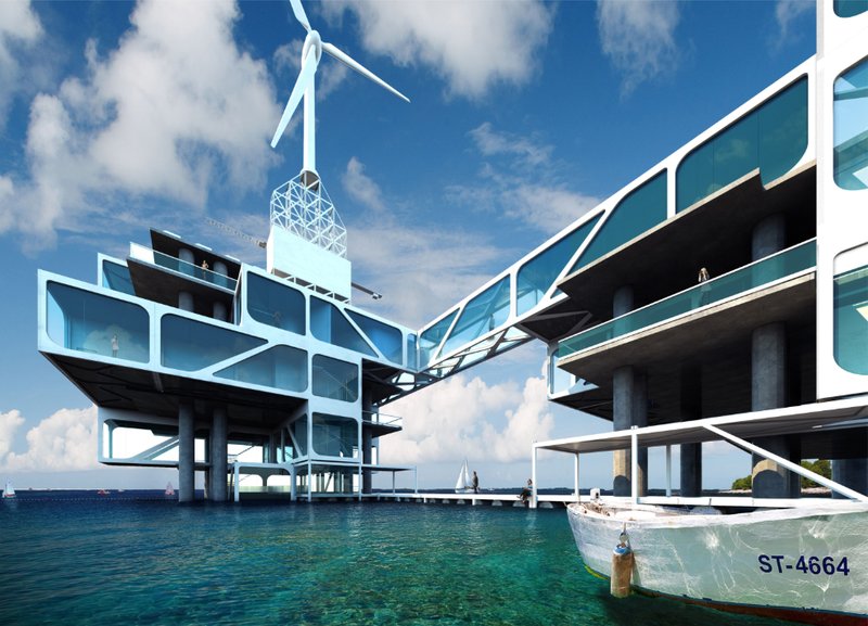 Transparent facades and interconnected bridges shape a futuristic floating architectural ecosystem.