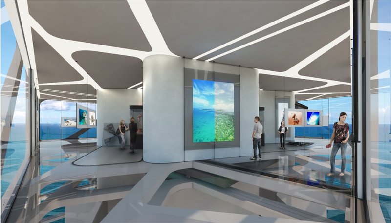Immersive exhibition spaces merge marine landscapes with fluid interior architectural geometry.