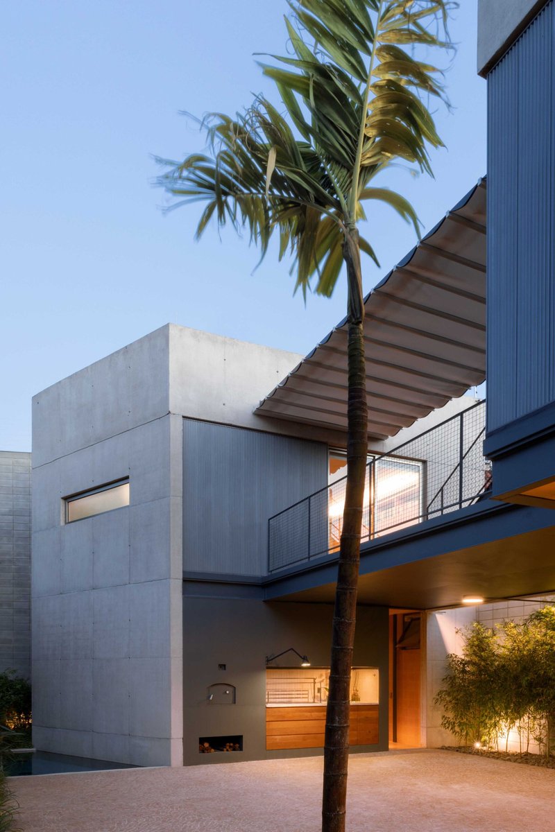 Concrete volumes with horizontal window openings and a palm tree at dusk with interior lights on