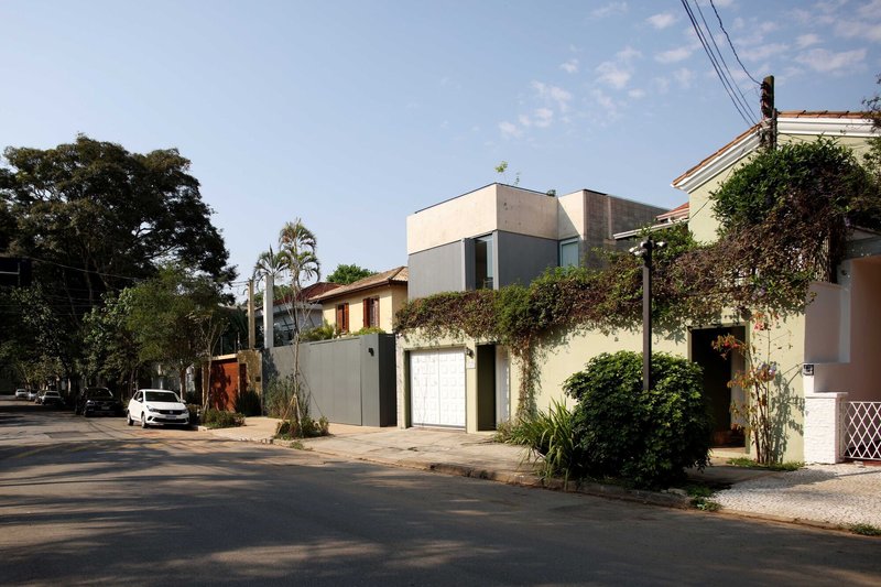 Street view of grey stucco wall with garage door beneath climbing vines and palm trees