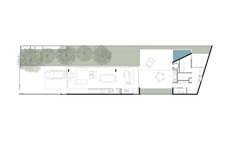 First floor plan drawing showing open living spaces with central stair and rear courtyard with pool