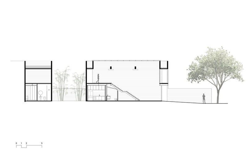 Section drawing showing a double-height volume with staircase, courtyard plantings, and a figure beneath a tree
