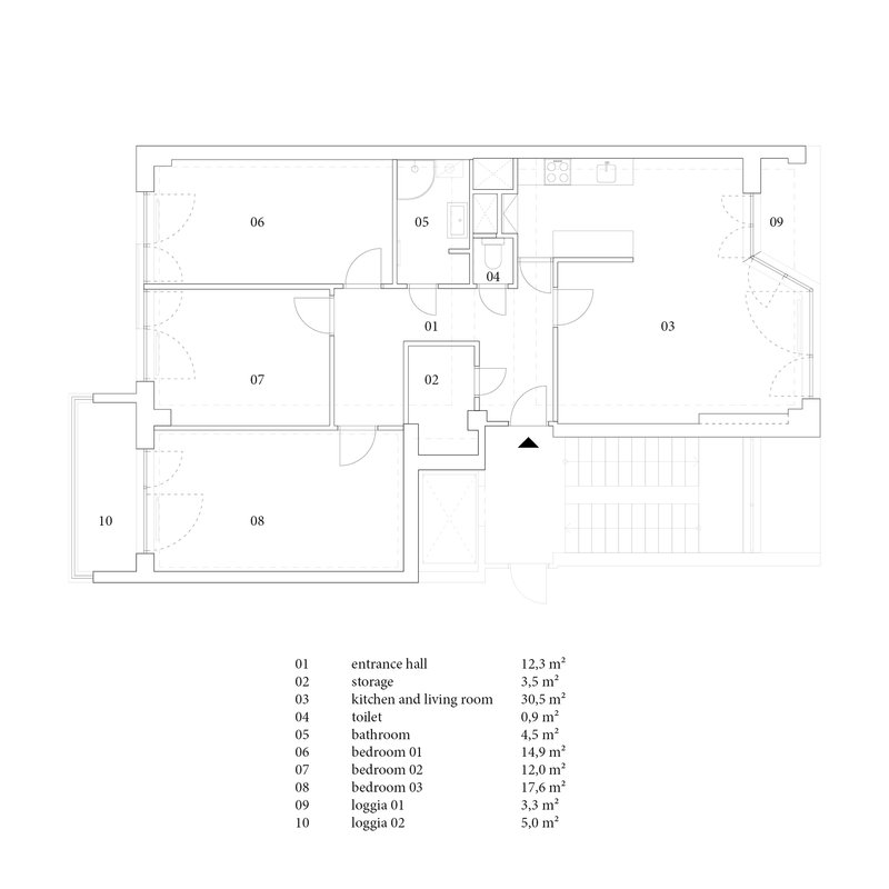 Floor plan drawing showing entrance hall and three bedrooms arranged around central bathroom and kitchen
