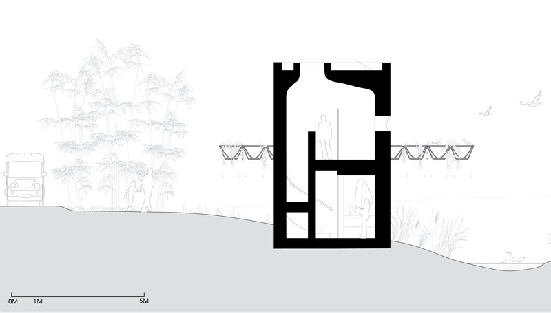 Section drawing showing a two-story volume partially embedded in sloping terrain with a canopy overhead