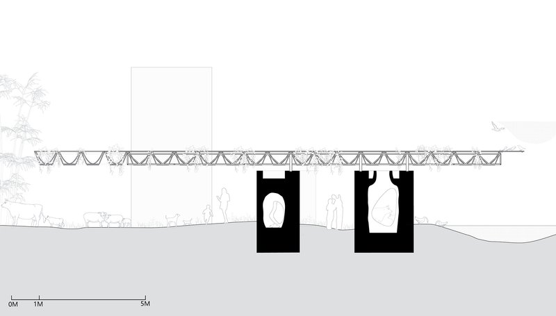 Section drawing showing twin towers beneath a long truss canopy with figures and tree sketches
