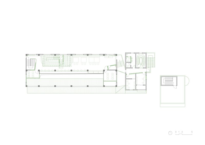 Upper level floor plan drawing showing the mezzanine gallery space with stairs and open viewing area