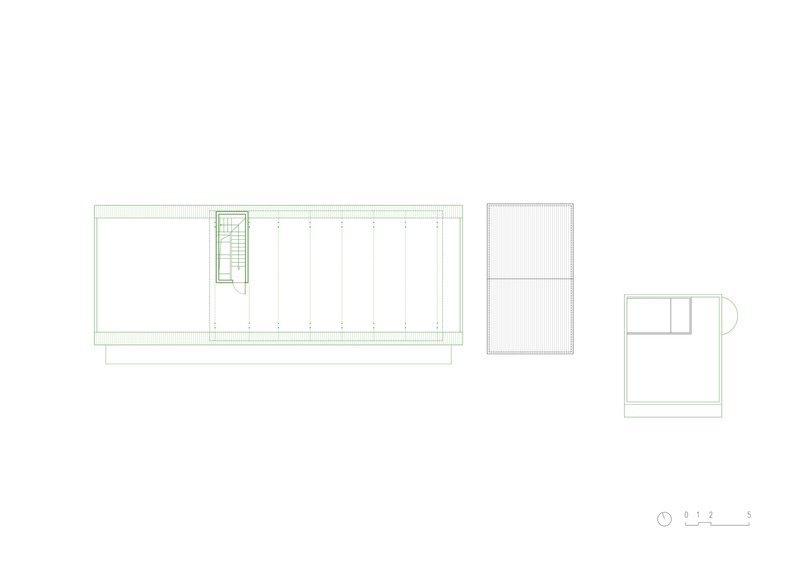 Floor plan drawing showing a long rectangular volume with staircase and three separate smaller structures