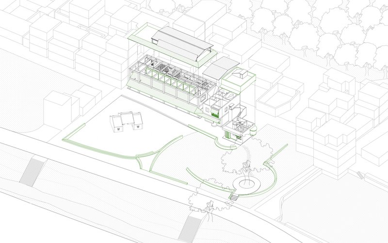 Axonometric drawing showing a linear building with glazed facade and curved pathways amid surrounding urban blocks