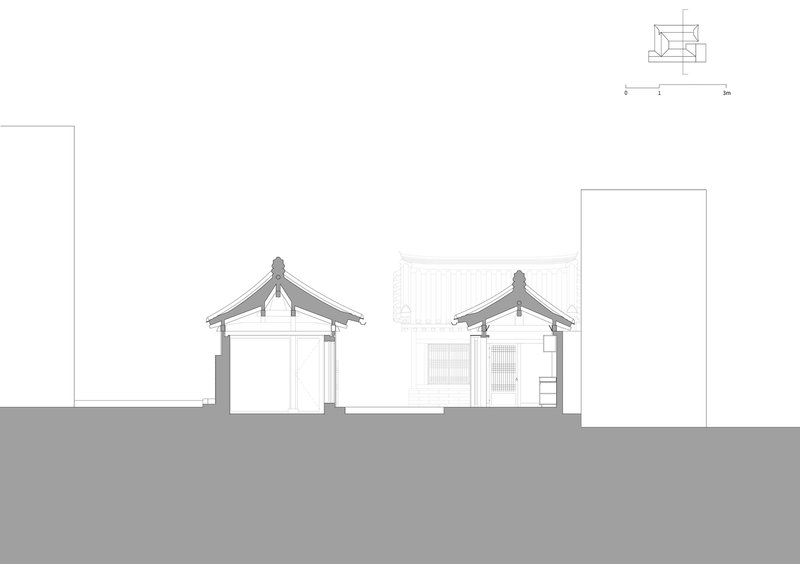 Section drawing showing two gabled volumes with timber roof structures adjacent to a taller box