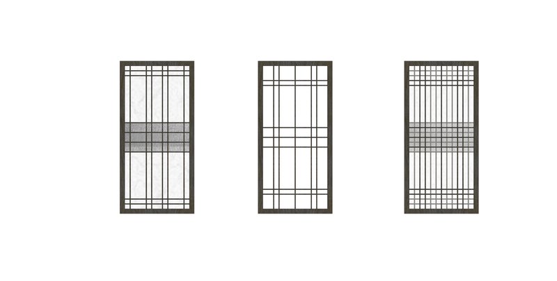 Elevation drawings of three gridded screen panels with varying horizontal and vertical bar patterns