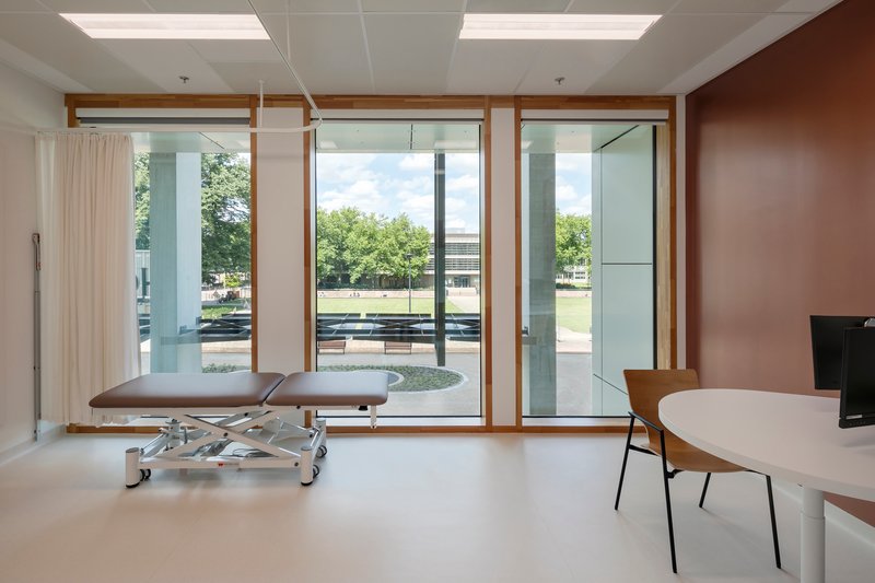 Treatment room with timber-framed windows overlooking a tree-lined plaza in summer