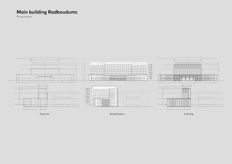 Elevation drawings showing the facade composition in three variations with vertical slat patterns