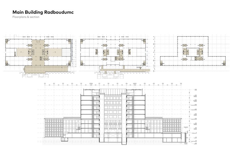 Floor plans and section drawing illustrating the building footprint and internal organization across multiple levels