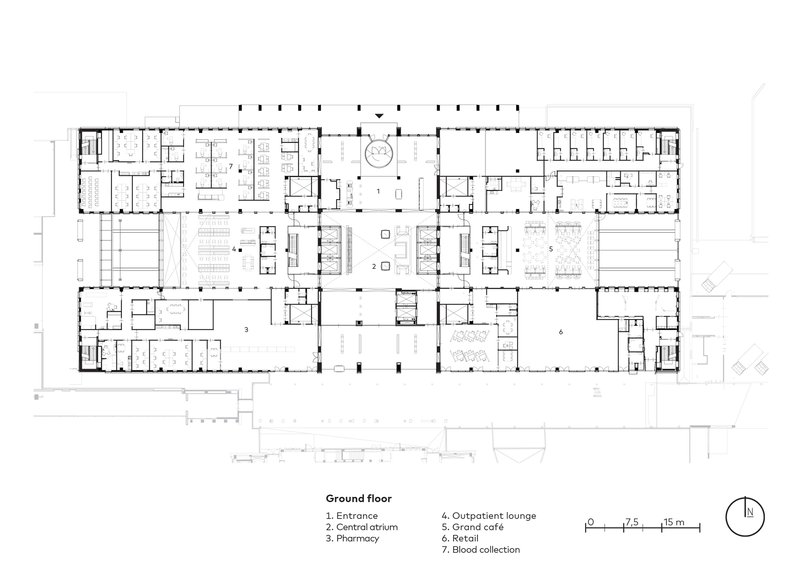 Ground floor plan drawing showing entrance, central atrium, pharmacy, outpatient lounge, and cafe with blood collection area