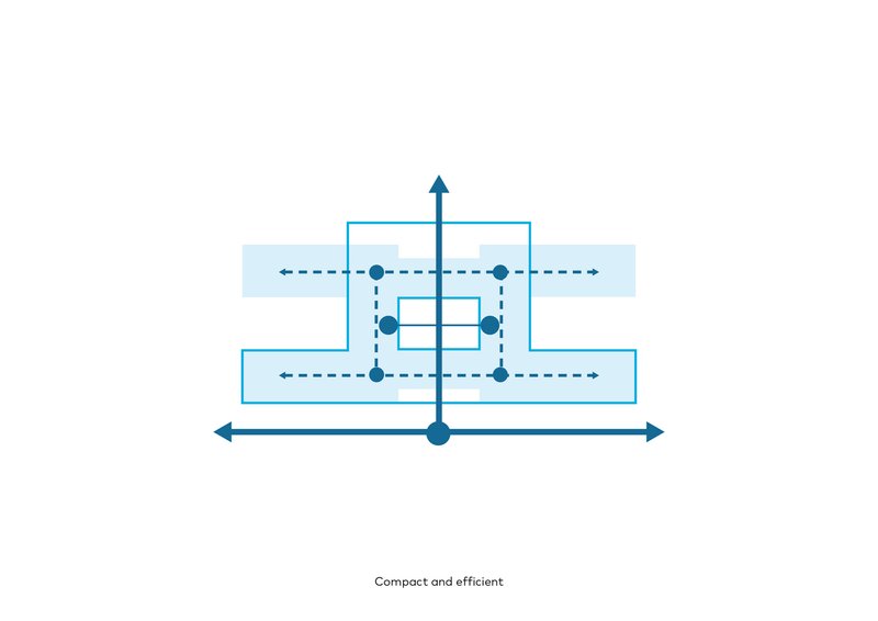 Schematic diagram drawing showing building circulation axes with blue arrows and dots indicating intersection points