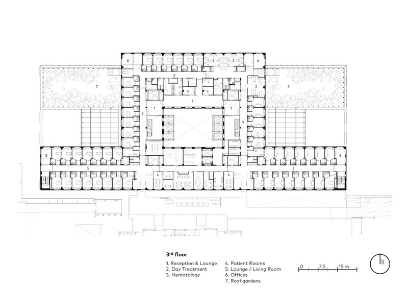 Third floor plan showing patient rooms flanking a central core with roof gardens on upper terraces