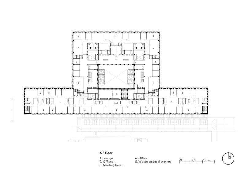 Sixth floor plan showing office spaces and meeting rooms arranged around a central atrium void