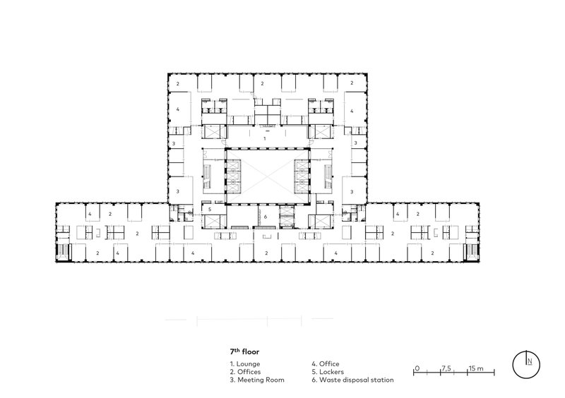 Seventh floor plan showing office areas and locker rooms with central open space below