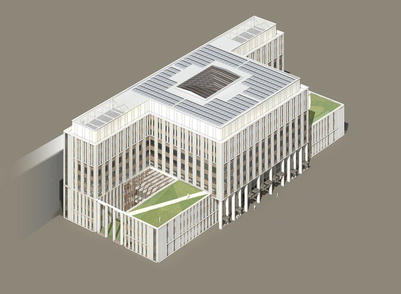 Isometric cutaway view revealing the central courtyard void with green terraces and vertical circulation cores