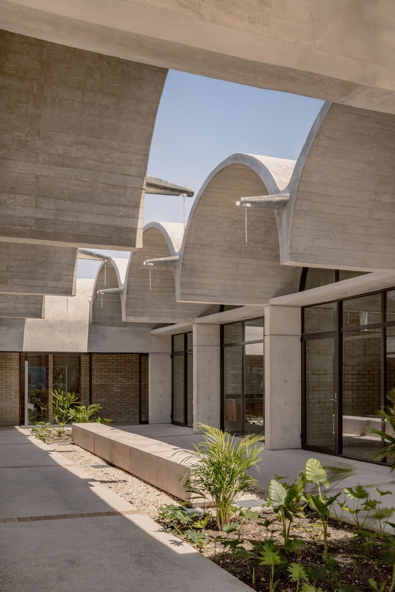 Courtyard view with board-formed concrete vaults framing sky and planted beds between paved paths
