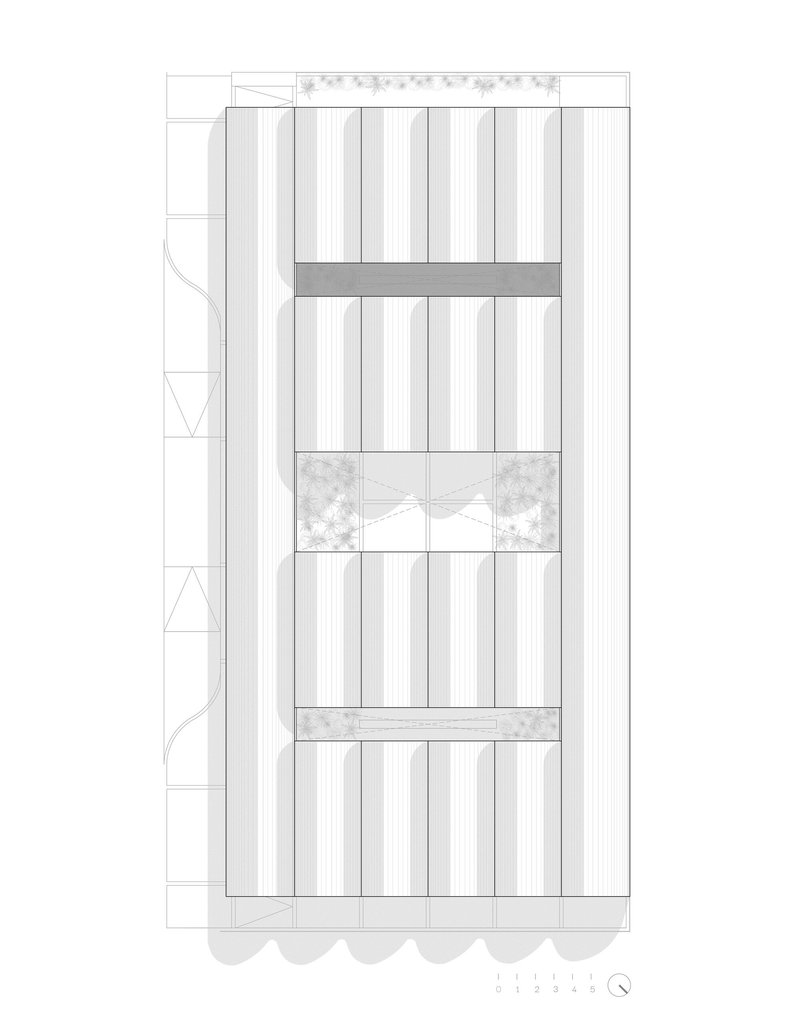 Elevation drawing showing vertical facade with alternating solid and planted horizontal bands