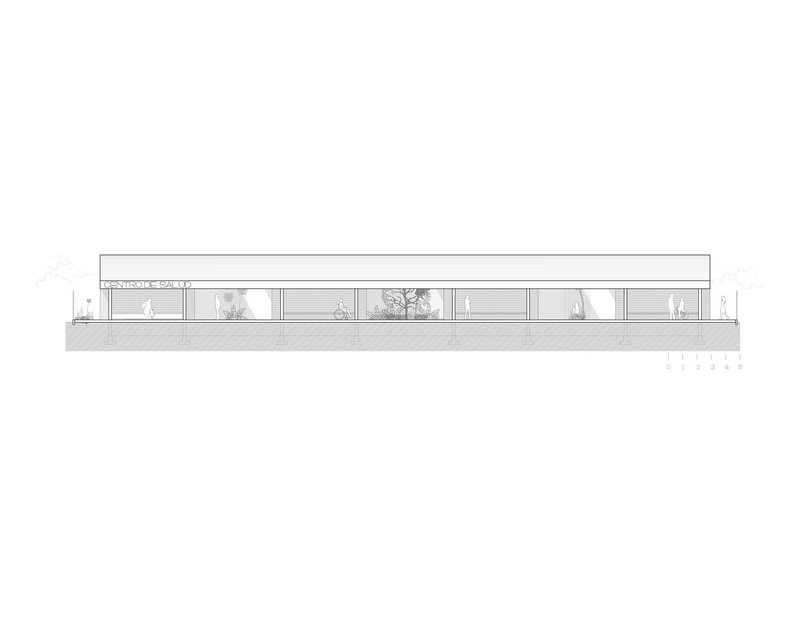 Elevation drawing of a long horizontal structure with glazed openings and silhouetted figures inside