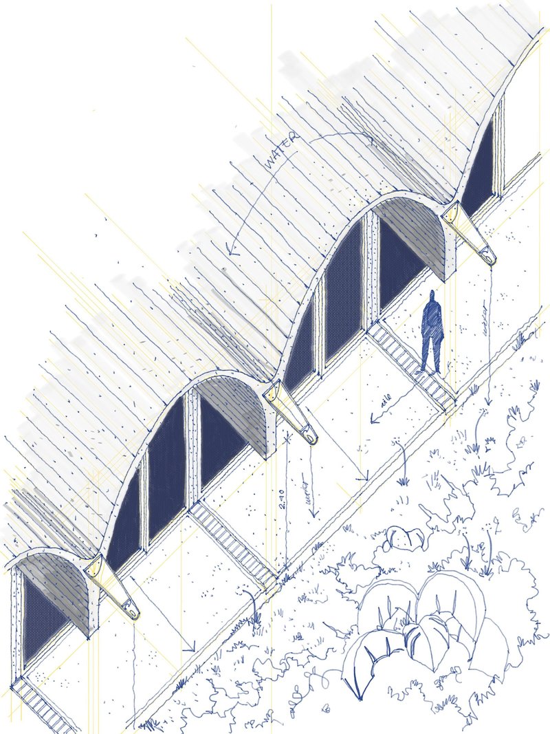 Axonometric sketch of vaulted roof modules with a standing figure and surrounding vegetation