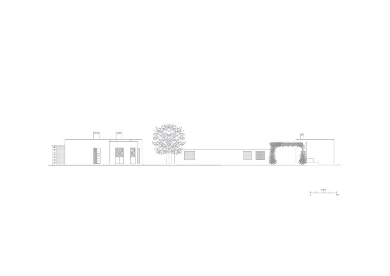 Elevation drawing showing linear volumes with rectangular openings flanked by a tree and vine-covered mass