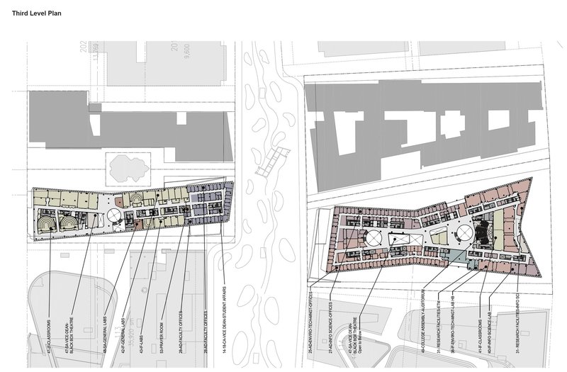 Third level floor plan drawing displaying interior room layouts and central circular elements in both structures