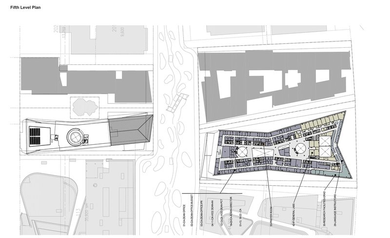 Fifth level floor plan drawing depicting reduced floor area with rooftop elements and voids in both buildings