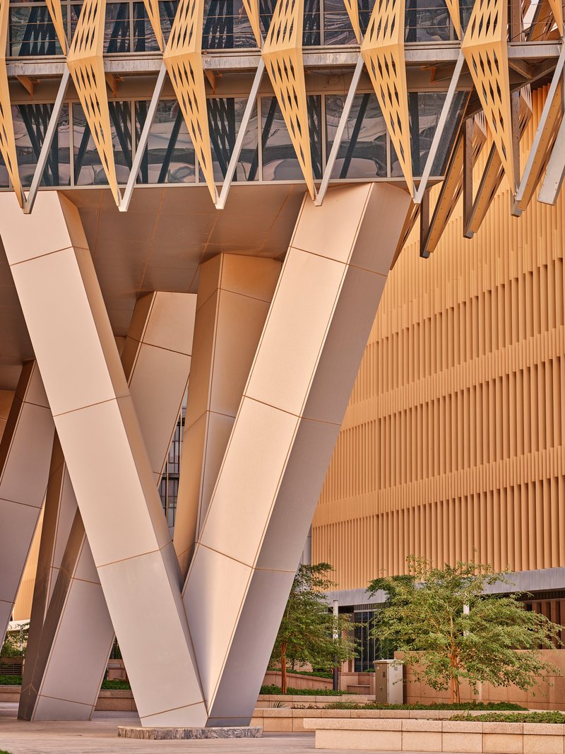 White diagonal structural columns supporting timber lattice screens above a planted terrace with small trees