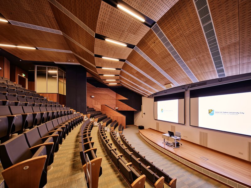 Auditorium interior with tiered seating and woven timber ceiling panels with integrated linear lighting