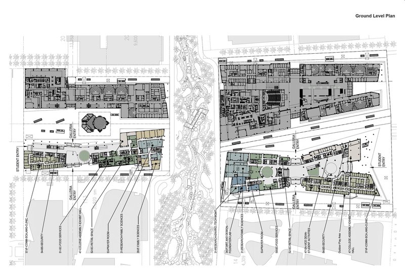 Ground level plan drawing showing two buildings separated by a landscaped corridor with labeled zones